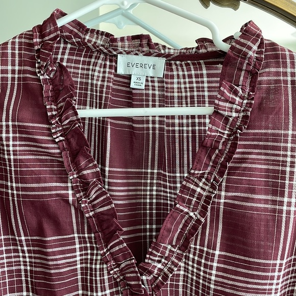 EVEREVE NWOT Maroon plaid ruffle top. Long sleeve. Button front. New. Size XS - Picture 7 of 9